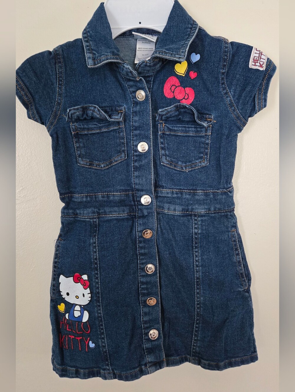 Hello Kitty Dark Blue Denim Button-Front Dress with Colorful Appliqués